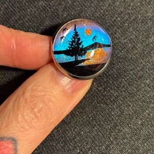 Vintage blue Morpho butterfly wing brooch - reverse painted